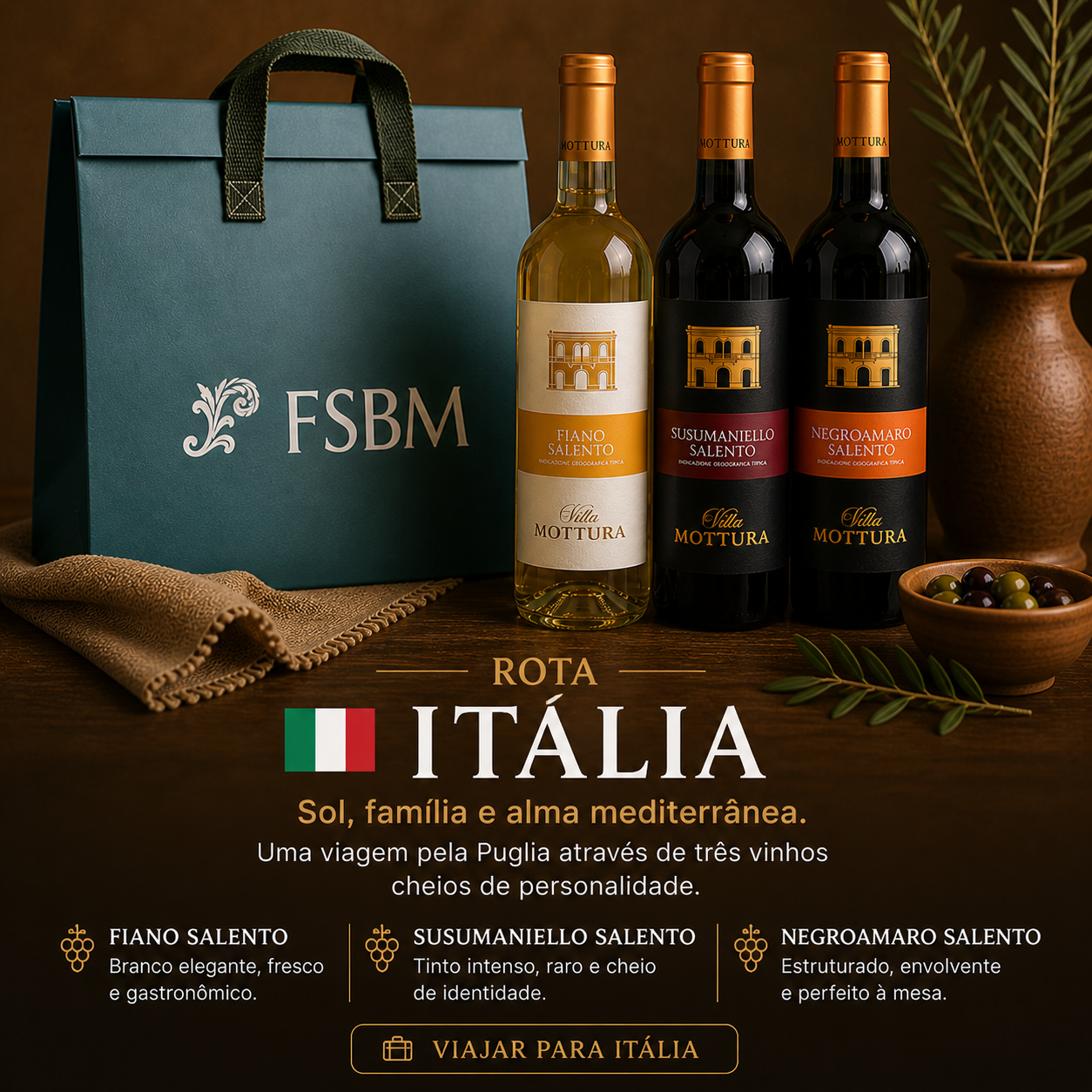 Kit Rota Itália – Villa Mottura | 3 Vinhos + Sacola Térmica FSBM