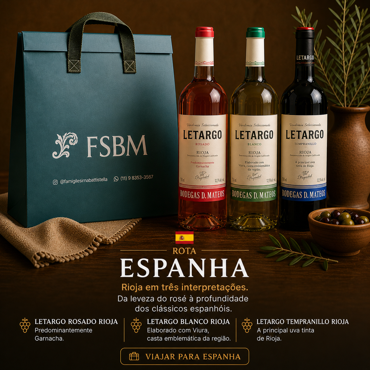 Kit Rota Espanha – Letargo Rioja | 3 Vinhos + Sacola Térmica FSBM