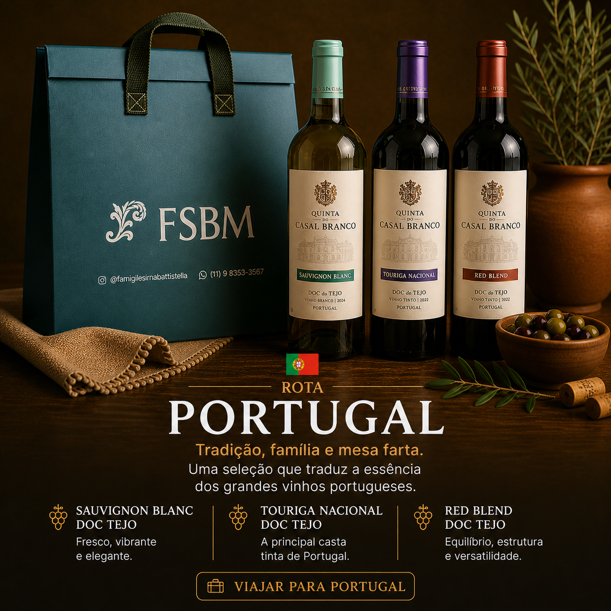 Kit Rota Portugal – Quinta do Casal Branco | 3 Vinhos + Sacola Térmica FSBM