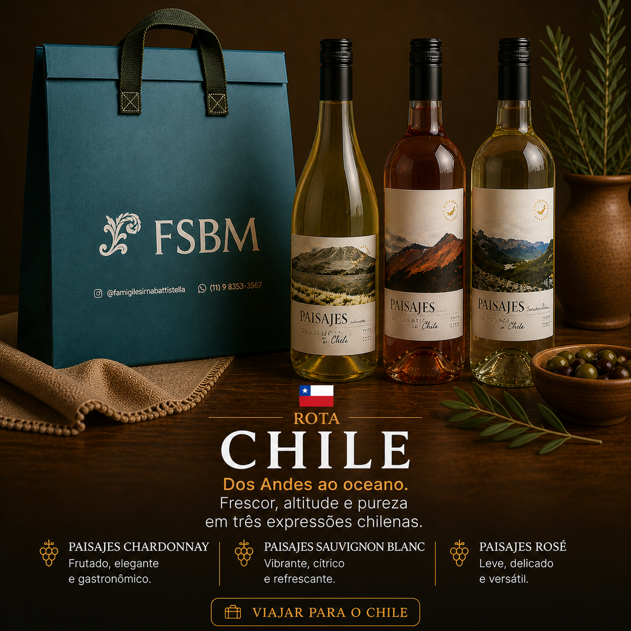 Kit Rota Chile – Paisajes de Los Andes | 3 Vinhos + Sacola Térmica FSBM