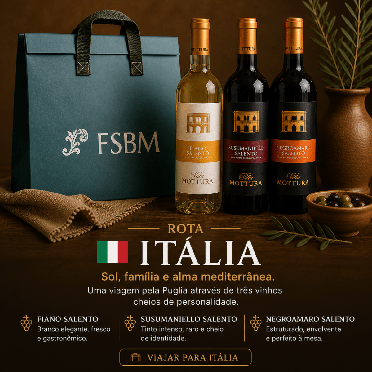 Kit Rota Itália – Villa Mottura | 3 Vinhos + Sacola Térmica FSBM - Famiglie Sirna Battistella Mercato - Famiglie Sirna Battistella Mercato